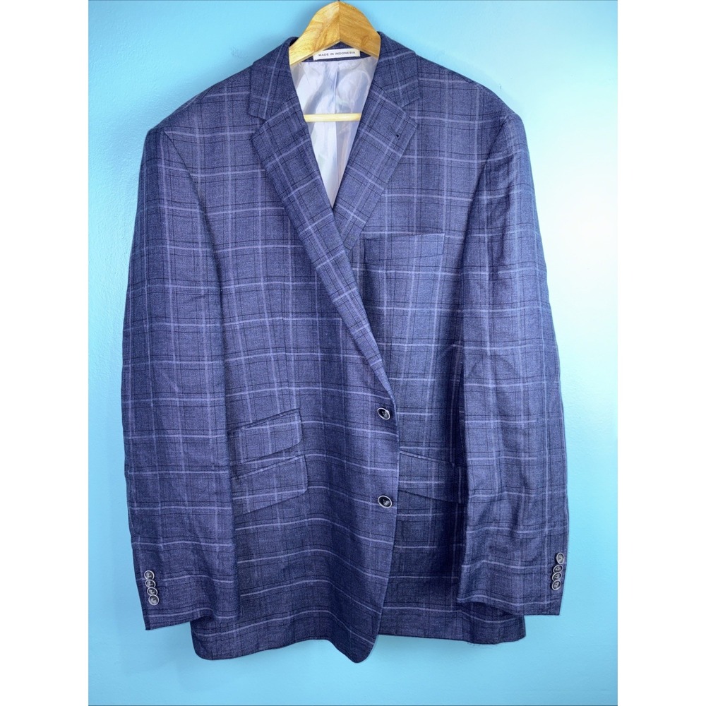 Joseph Abboud Indigo Blue Wool Linen Sport Coat Jacket Blazer 48L Reda Plaid